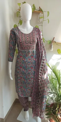 Cotton Mix Salwar Set - Blue & Red Multishade